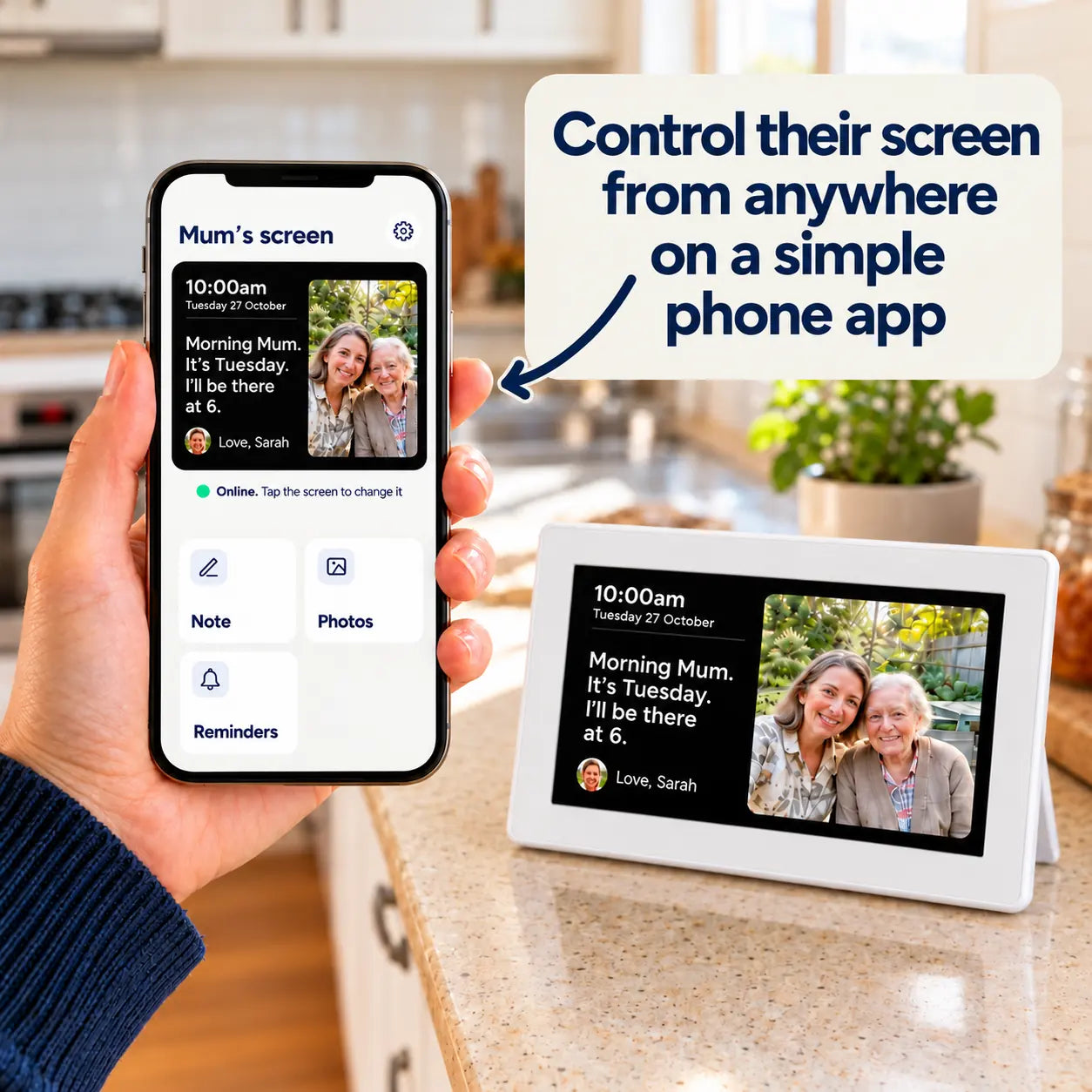 Control her screen from anywhere on a simple phone app