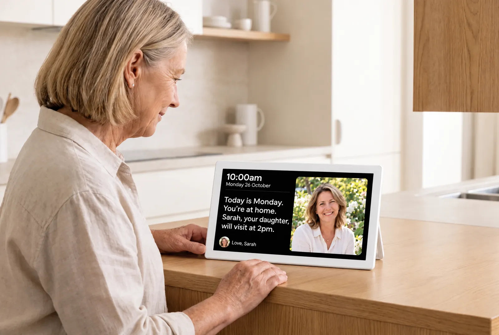A woman checking the day and when her daughter Sarah will visit on CareFrame