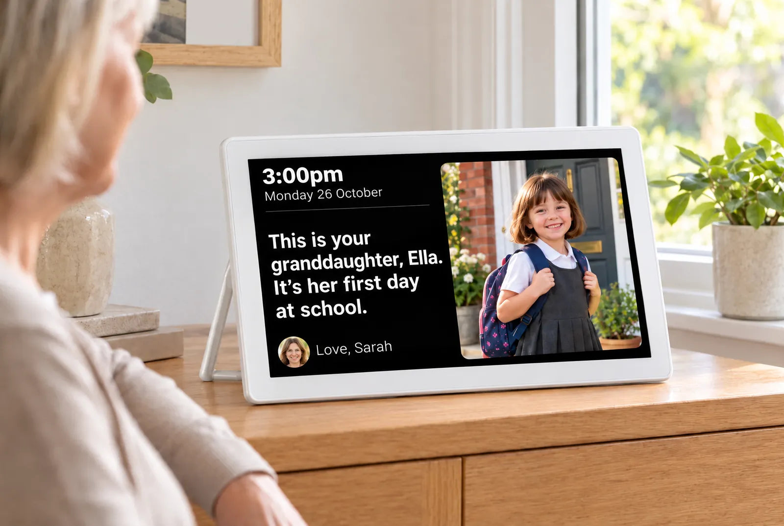 A woman looking at her granddaughter Ella’s first day of school photo on CareFrame