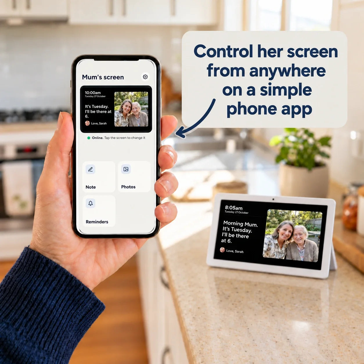 Control her screen from anywhere on a simple phone app